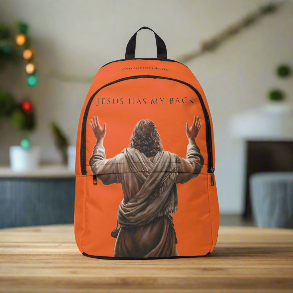 "Jesus Has My Back" Graphic design Christian Backpack (Choose Orange Shade)
