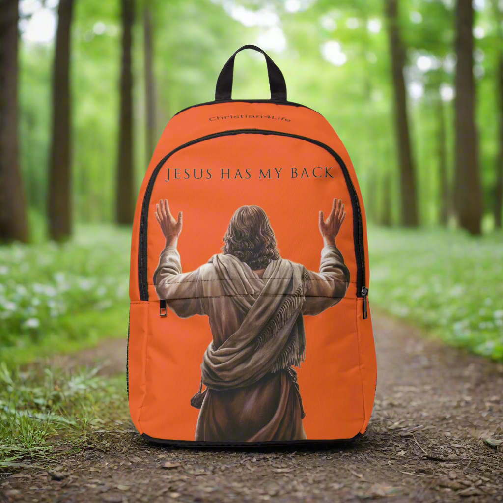 "Jesus Has My Back" Graphic design Christian Backpack (Choose Orange Shade)