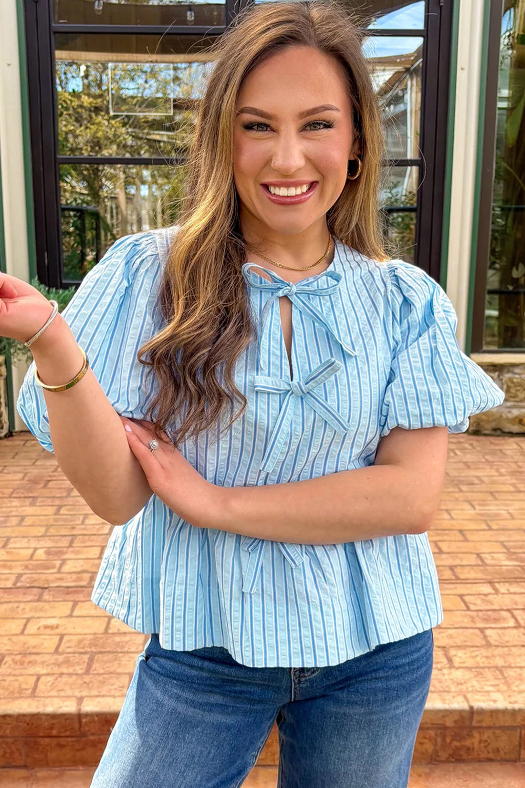 Sky Blue Stripe Bow Knot Textured Short Puff Sleeve Babydoll Blouse