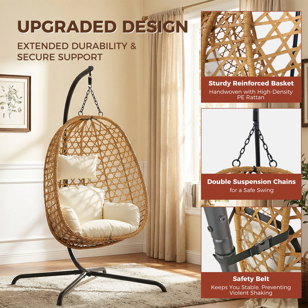Set of 2 Egg Chairs with Stand - Patio Wicker Hanging Hammock Swing