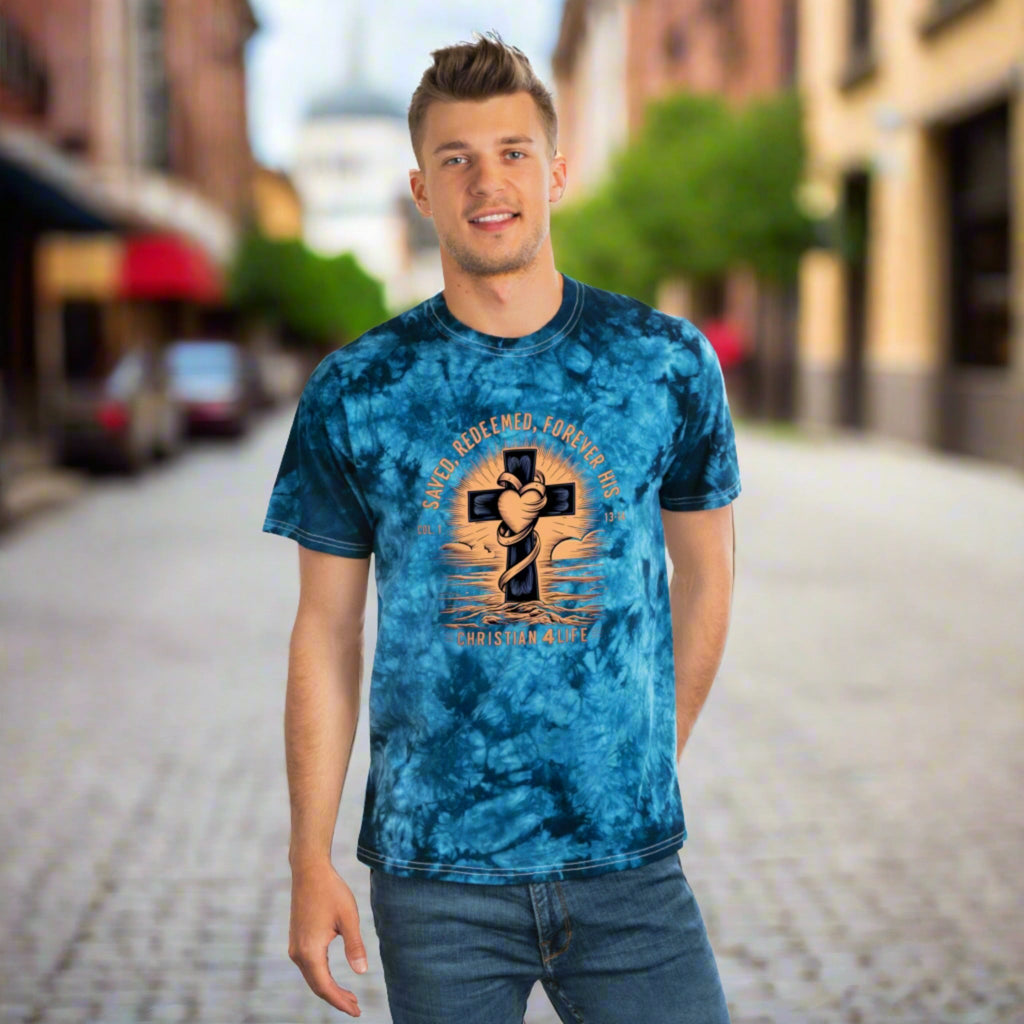 Unisex "Saved, Redeemed, Forever His" Christian Tie-Dye style T-shirt
