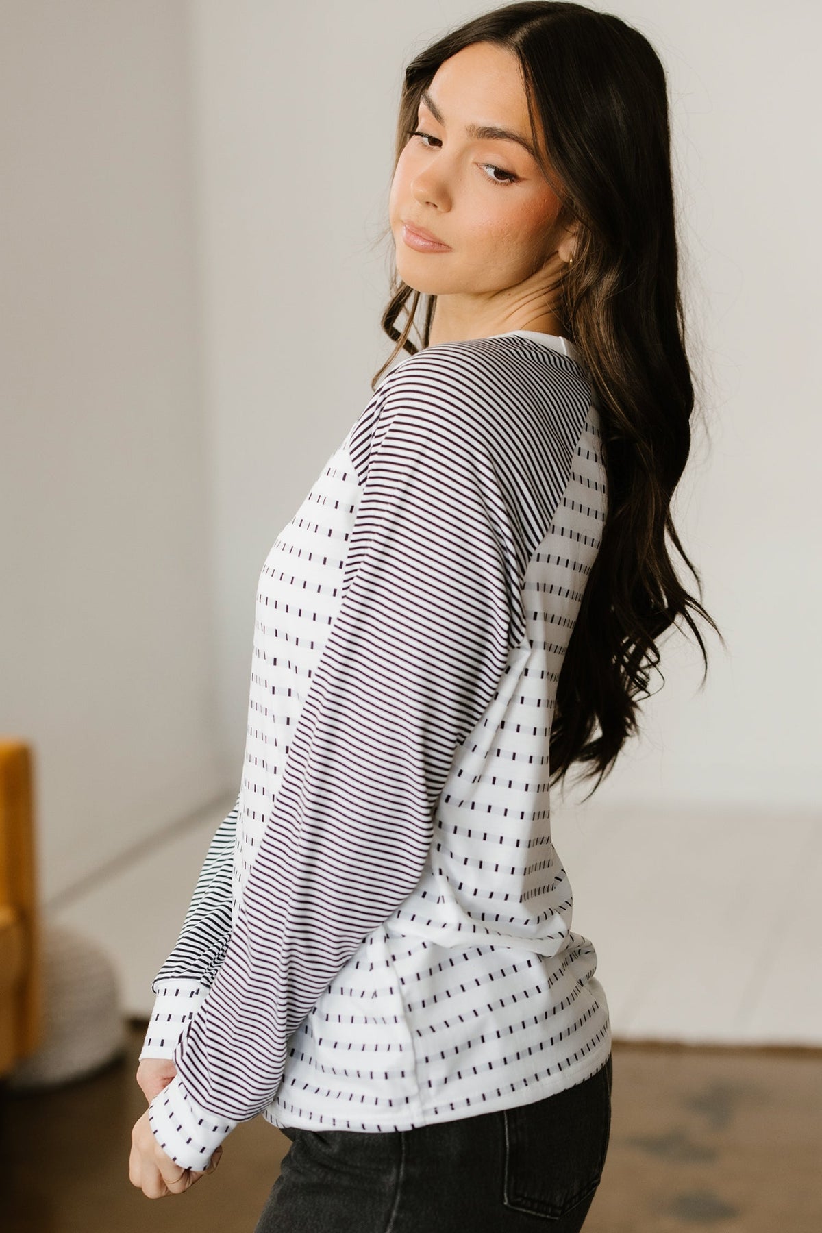 Rose Stripe Raglan Patchwork Long Sleeve Tee