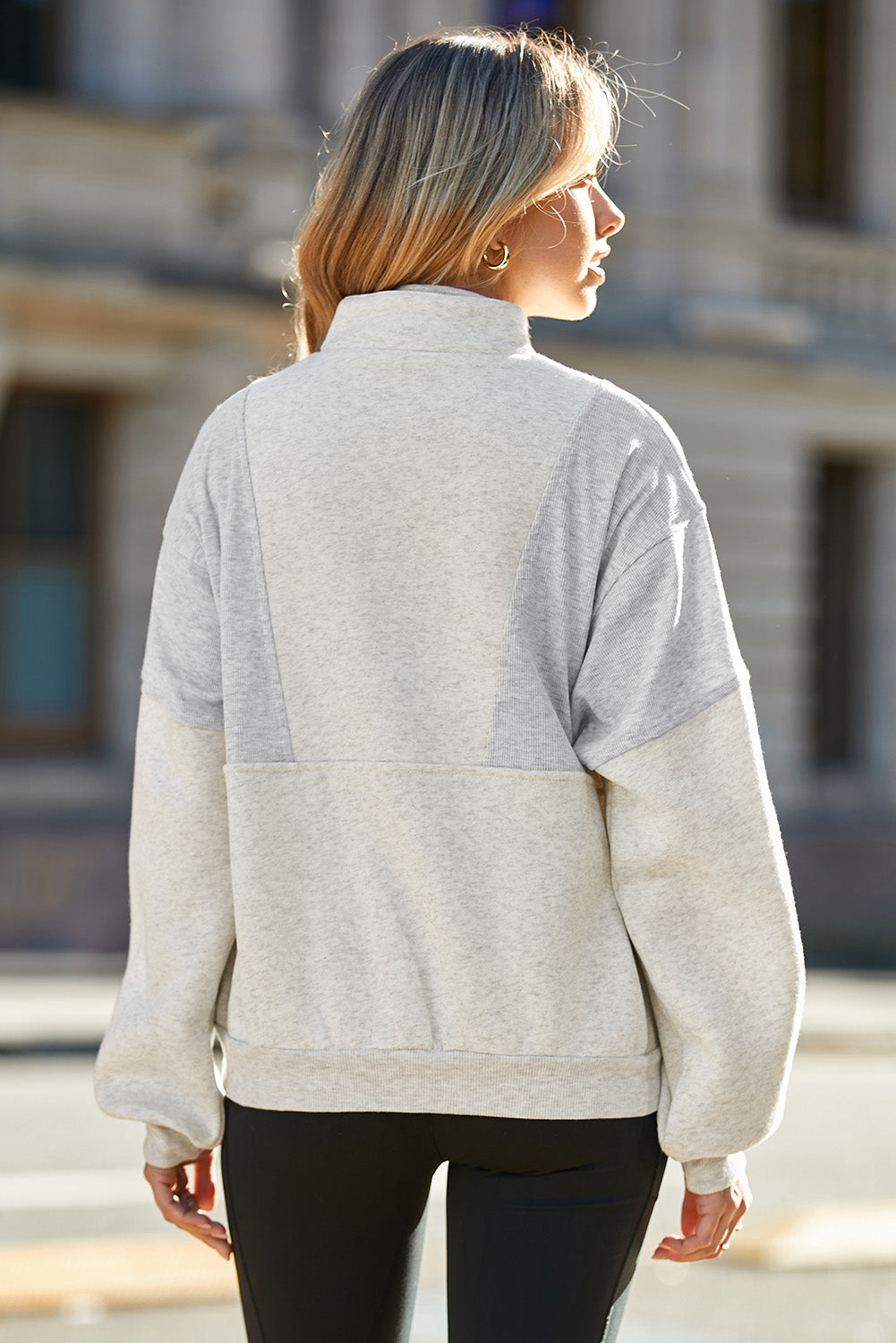 Black Half Zip Stand Collar Exposed Seam Solid Color Casual Sweatshirt