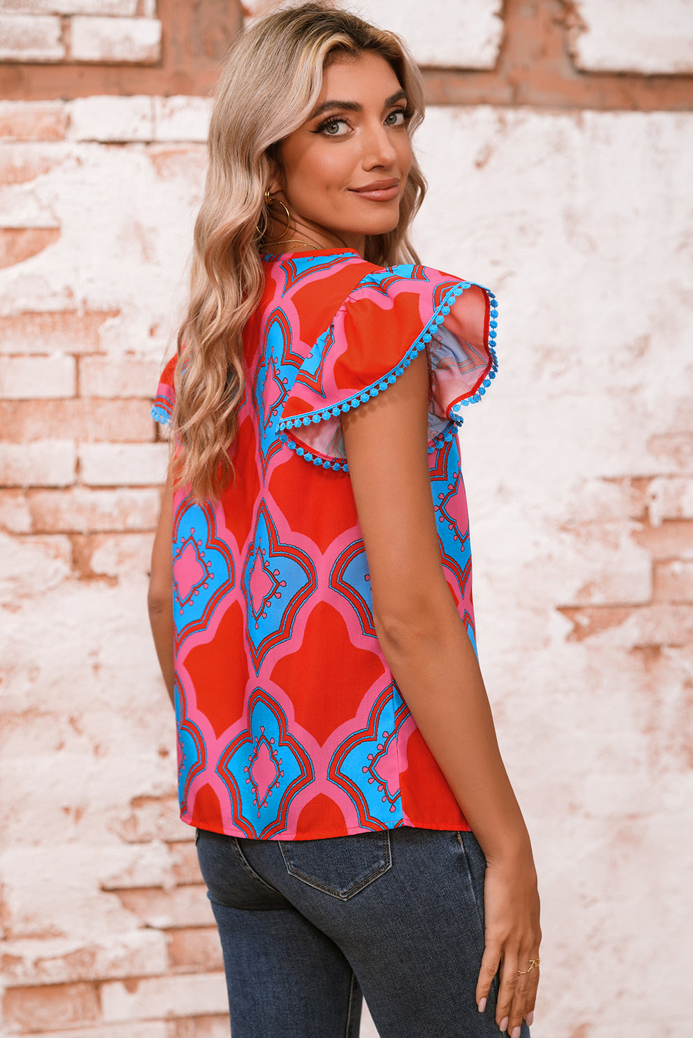 Red Random Abstract Print V Neck Ruffle Shoulder Blouse