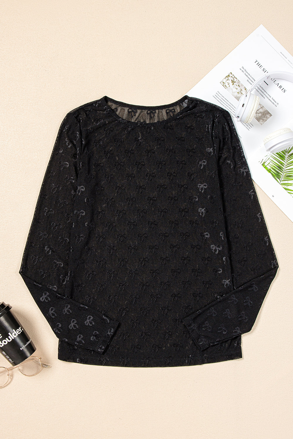 Pink Mesh Bow Pattern Long Sleeve Top