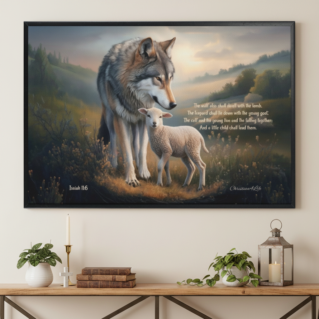 Framed - Wolf and Lamb with Isaiah 11:6 Quote, Christian Canvas, Black Frame