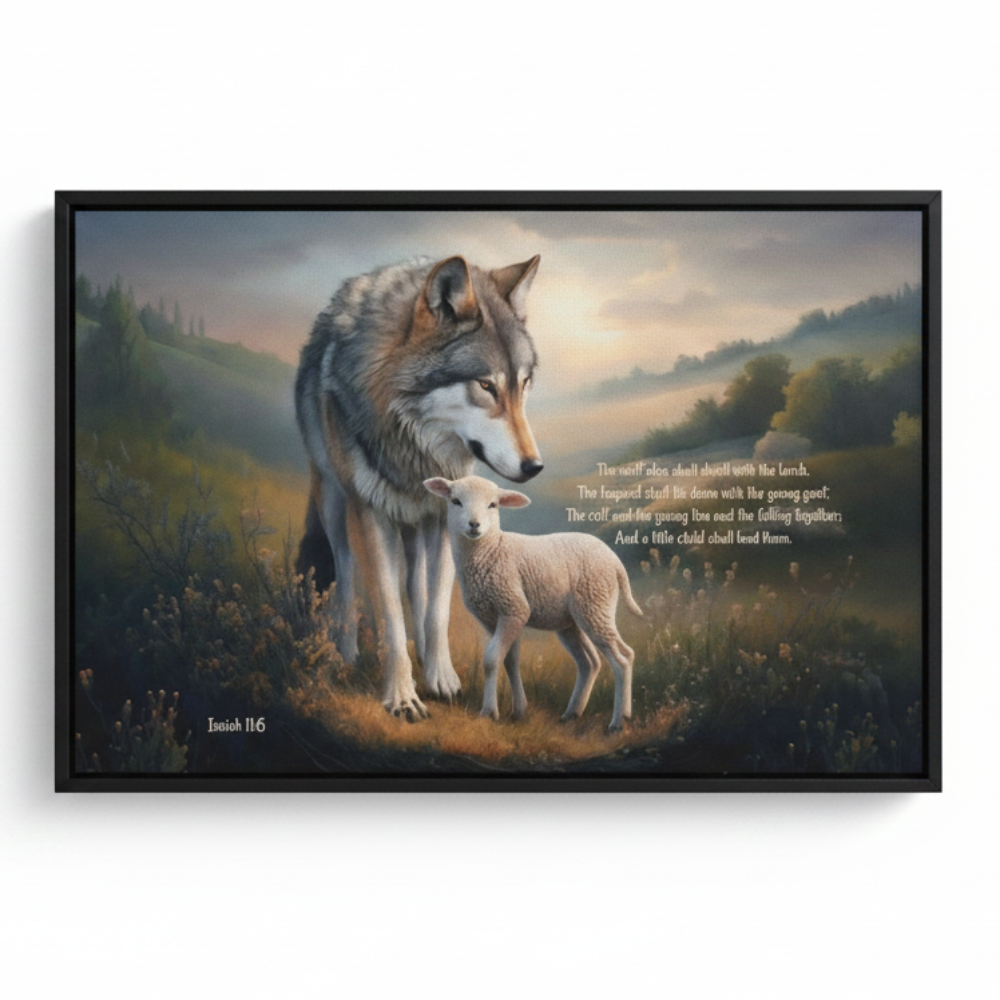 Framed - Wolf and Lamb with Isaiah 11:6 Quote, Christian Canvas, Black Frame