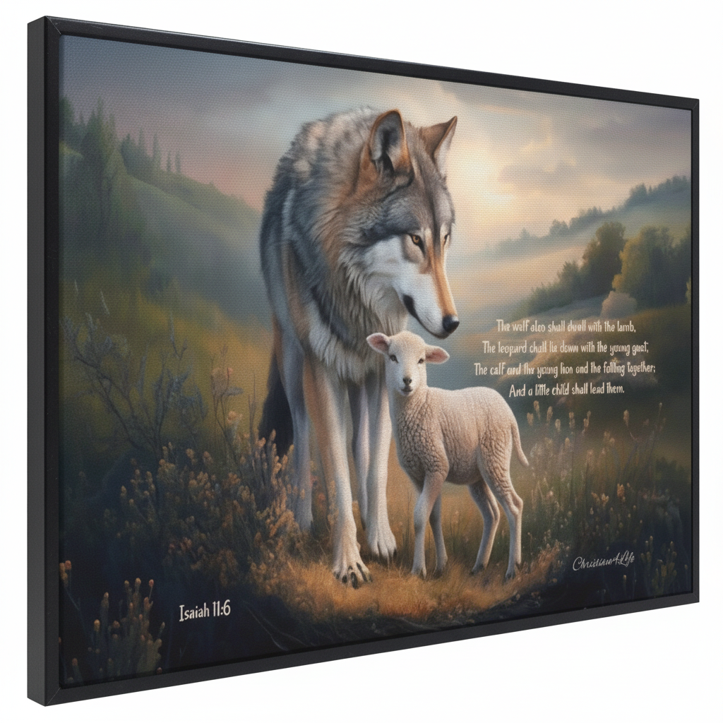 Framed - Wolf and Lamb with Isaiah 11:6 Quote, Christian Canvas, Black Frame