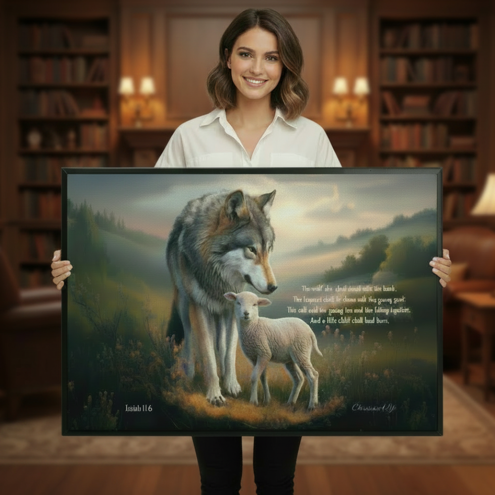 Framed - Wolf and Lamb with Isaiah 11:6 Quote, Christian Canvas, Black Frame