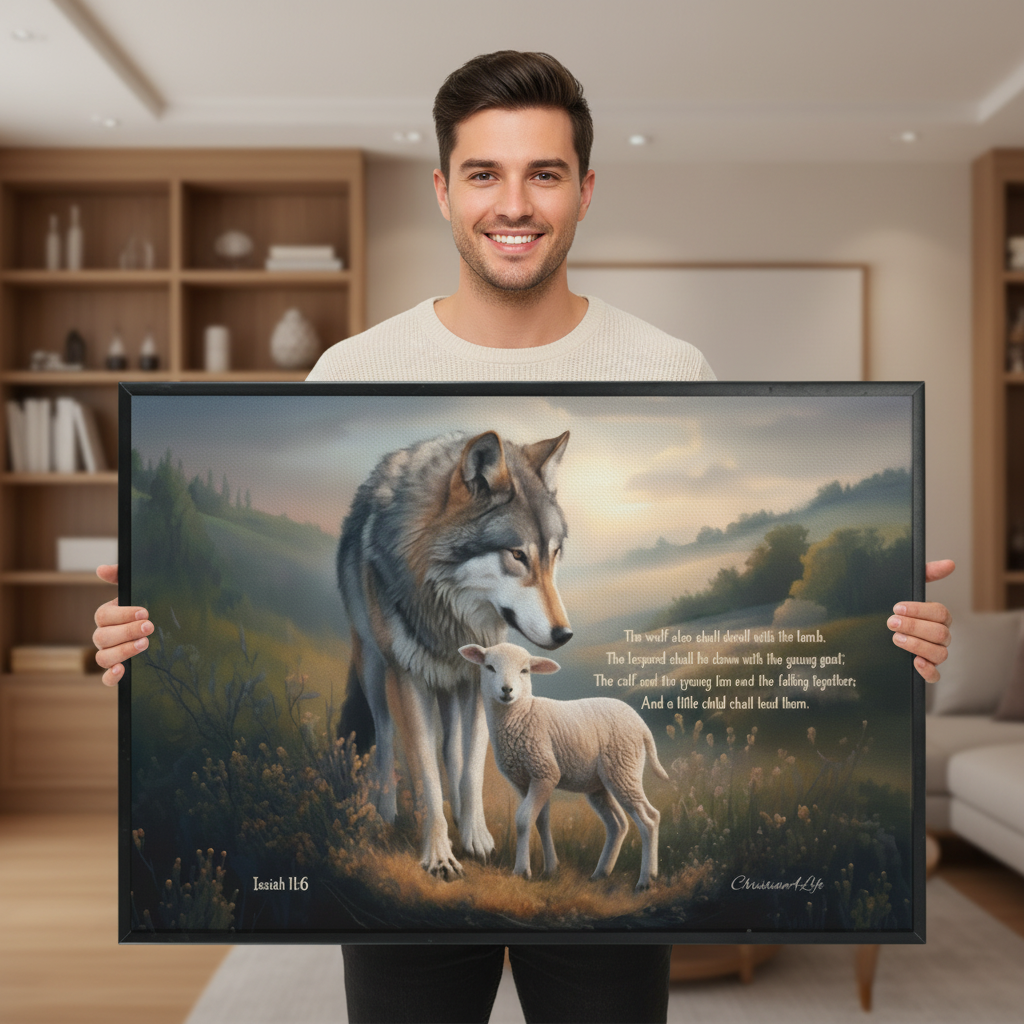 Framed - Wolf and Lamb with Isaiah 11:6 Quote, Christian Canvas, Black Frame