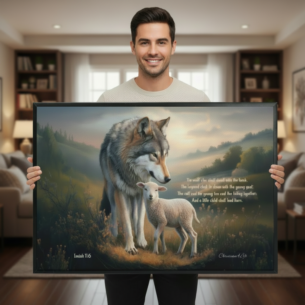 Framed - Wolf and Lamb with Isaiah 11:6 Quote, Christian Canvas, Black Frame