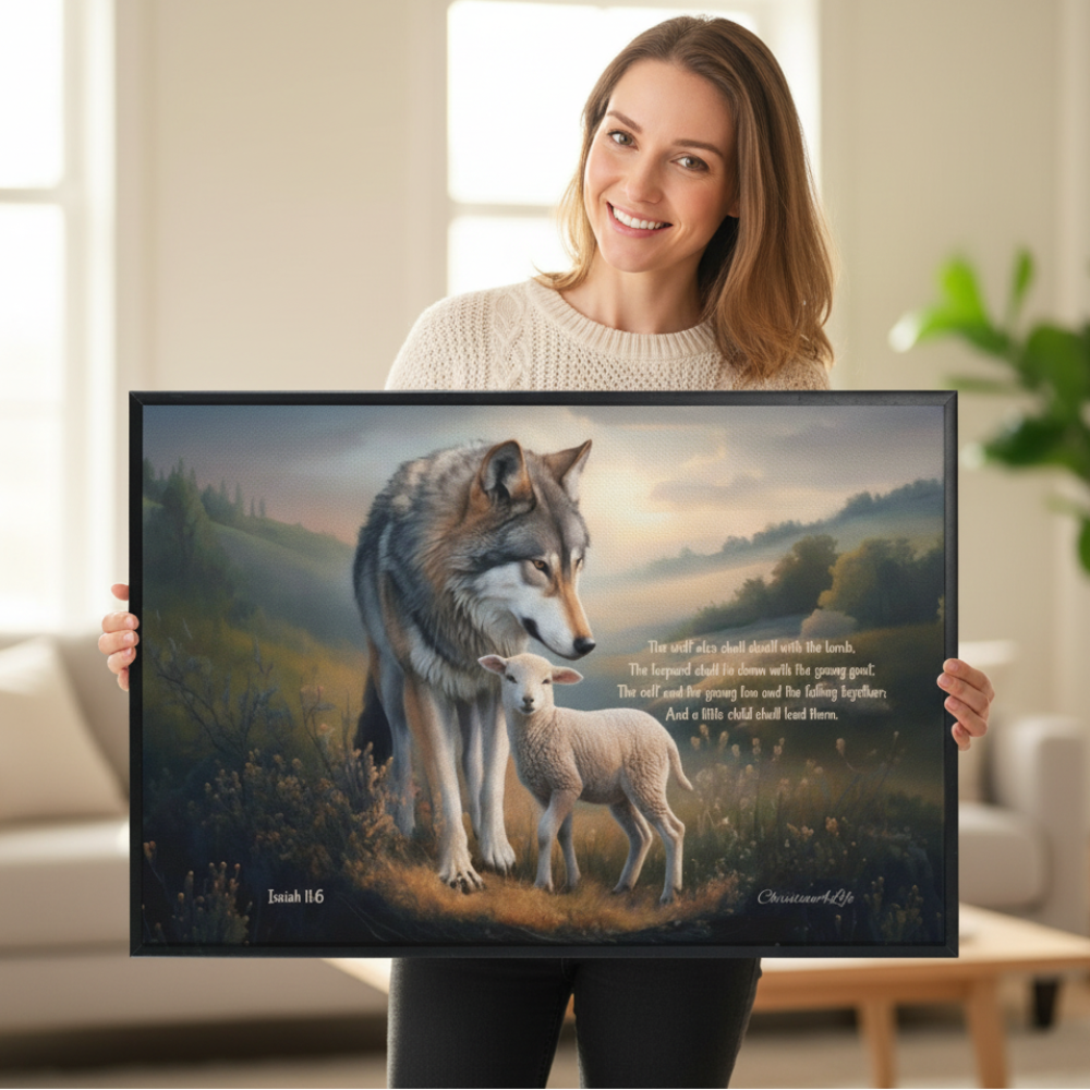 Framed - Wolf and Lamb with Isaiah 11:6 Quote, Christian Canvas, Black Frame