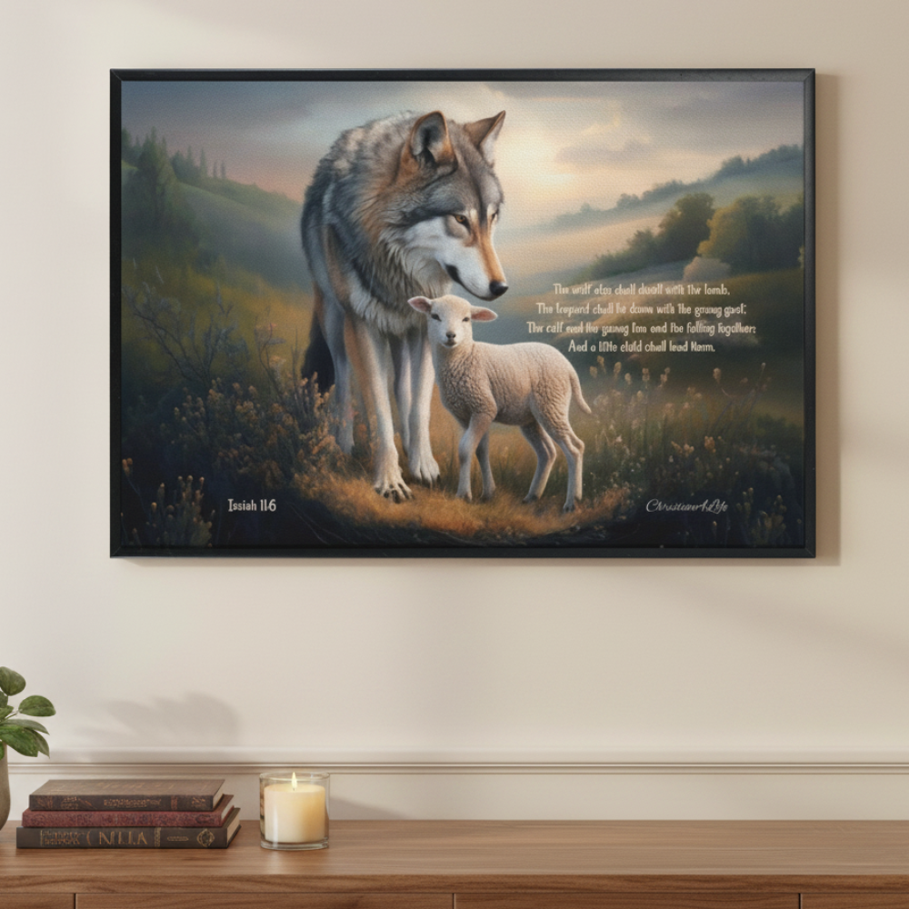 Framed - Wolf and Lamb with Isaiah 11:6 Quote, Christian Canvas, Black Frame