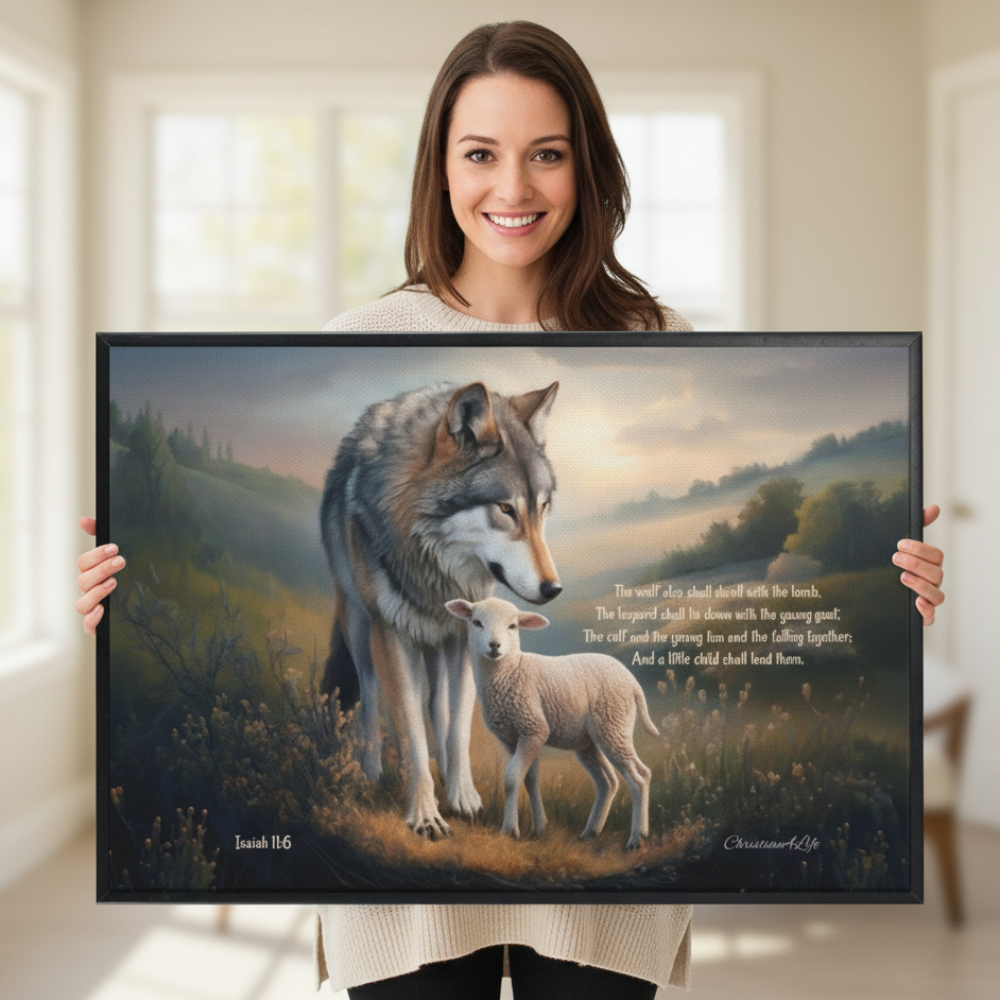 Framed - Wolf and Lamb with Isaiah 11:6 Quote, Christian Canvas, Black Frame