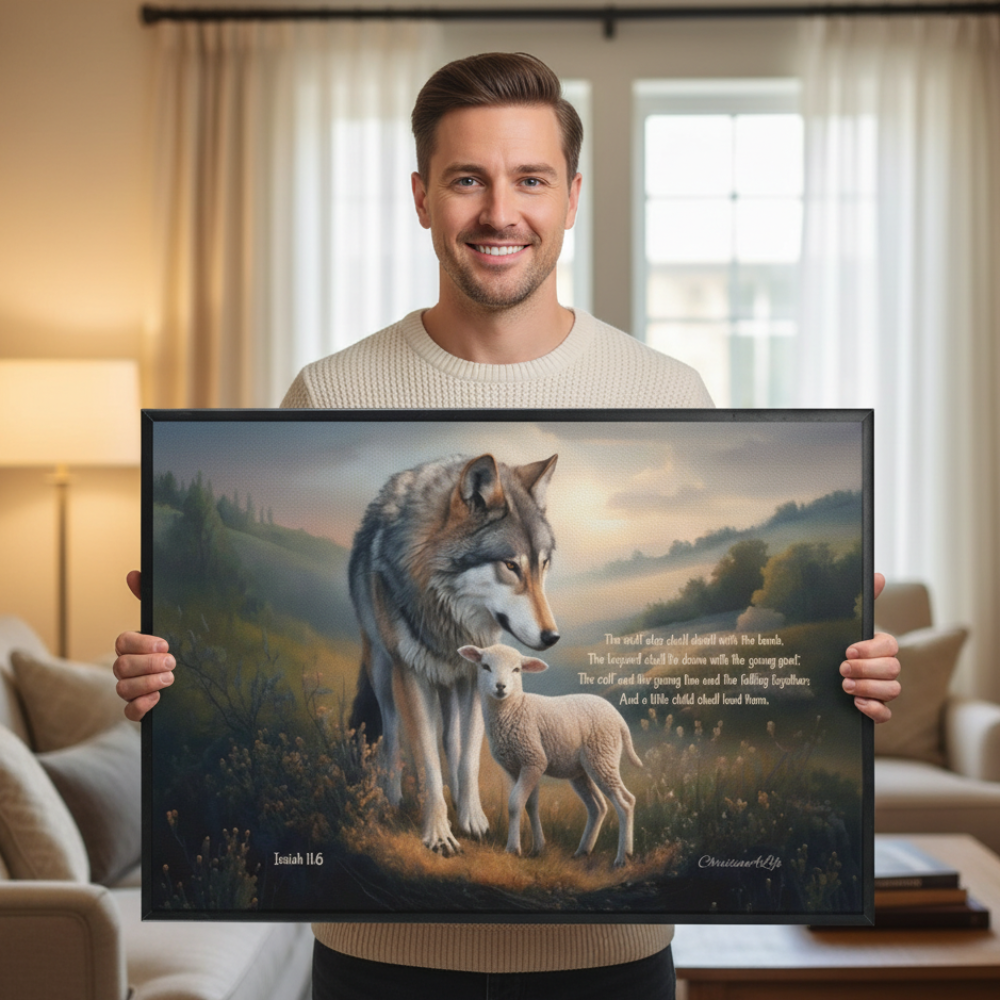 Framed - Wolf and Lamb with Isaiah 11:6 Quote, Christian Canvas, Black Frame