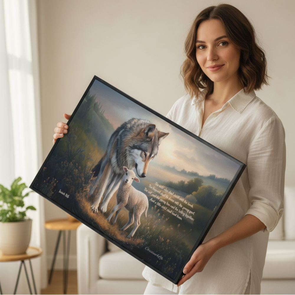 Framed - Wolf and Lamb with Isaiah 11:6 Quote, Christian Canvas, Black Frame