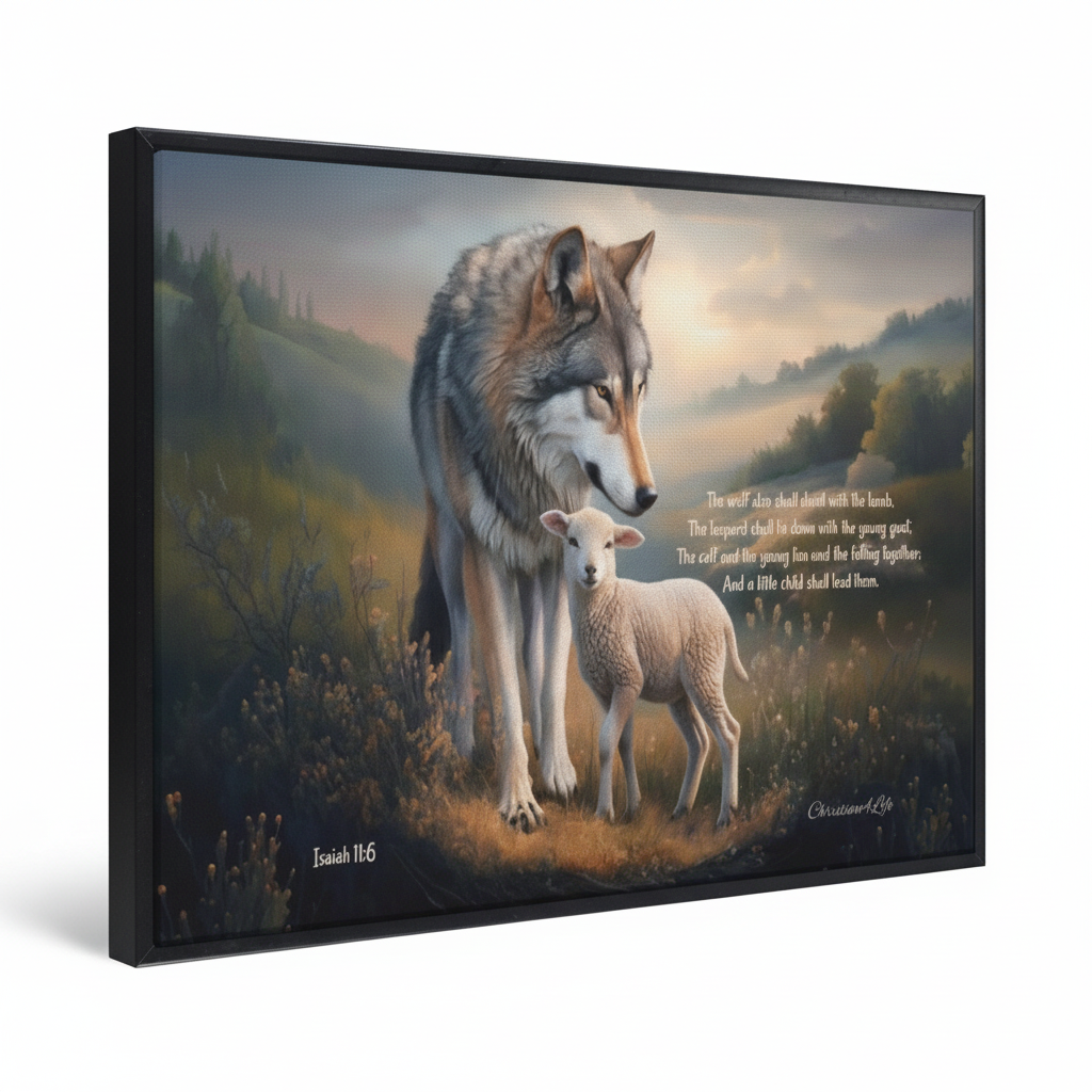 Framed - Wolf and Lamb with Isaiah 11:6 Quote, Christian Canvas, Black Frame
