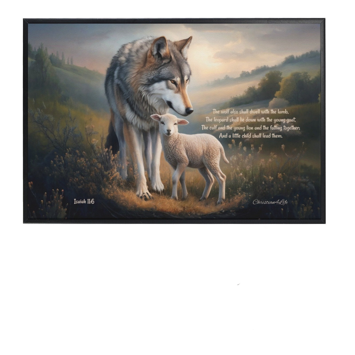 Framed - Wolf and Lamb with Isaiah 11:6 Quote, Christian Canvas, Black Frame
