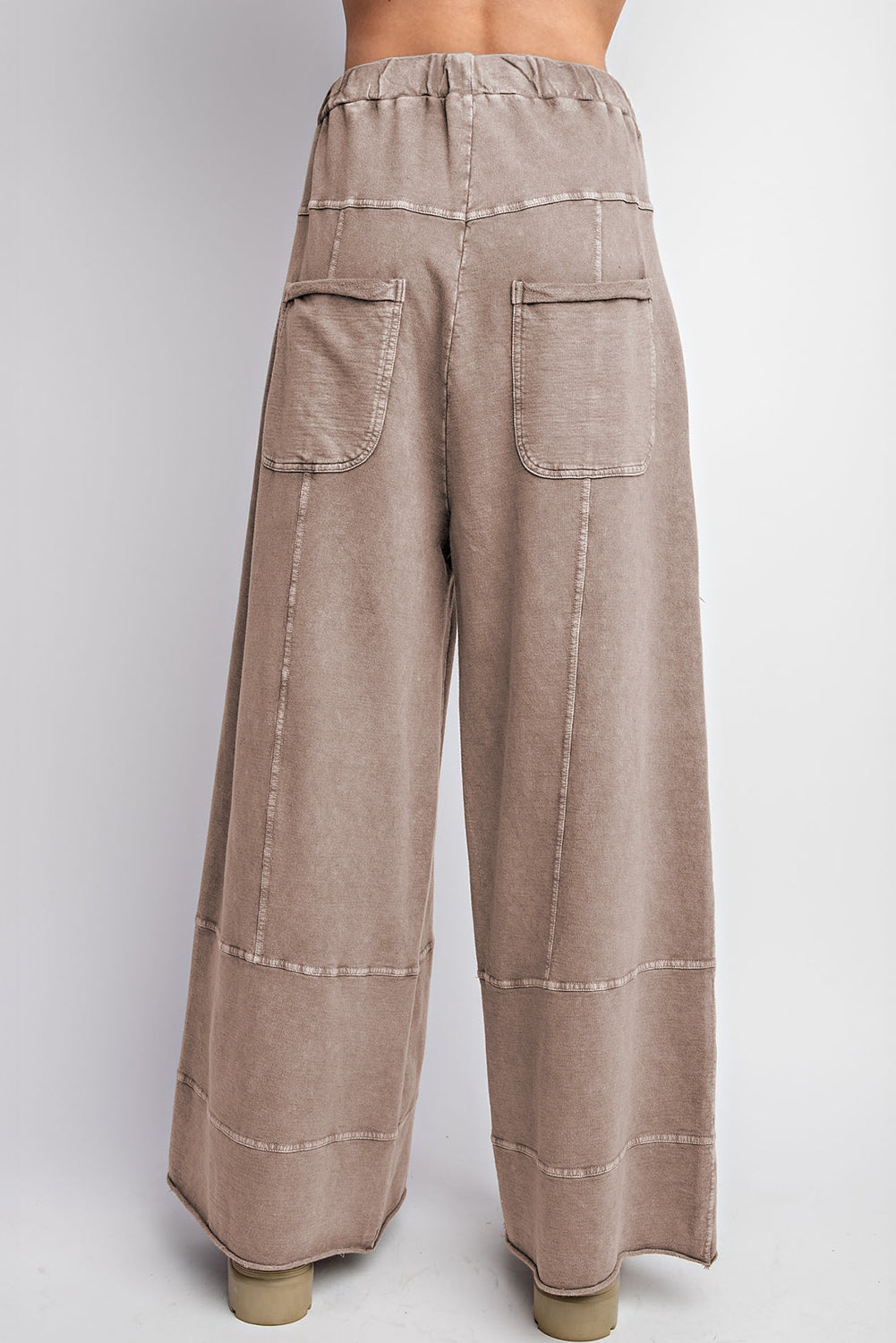 Smoke Gray Mineral Wash Exposed Seam Drawstring Elastic Waistband Wide Leg Cargo Pants