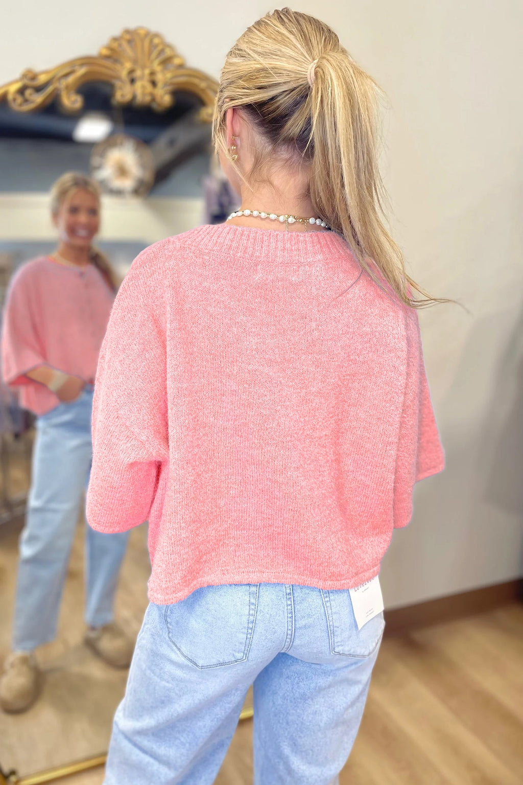 Beau Blue 3/4 Sleeve Boxy Knit Button Down Sweater Cardigan