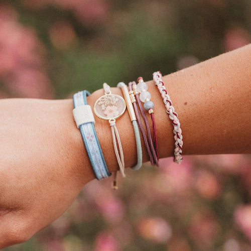 "Bloom" Maroon and Pink with Pressed Flowers Hair Tie Bracelets