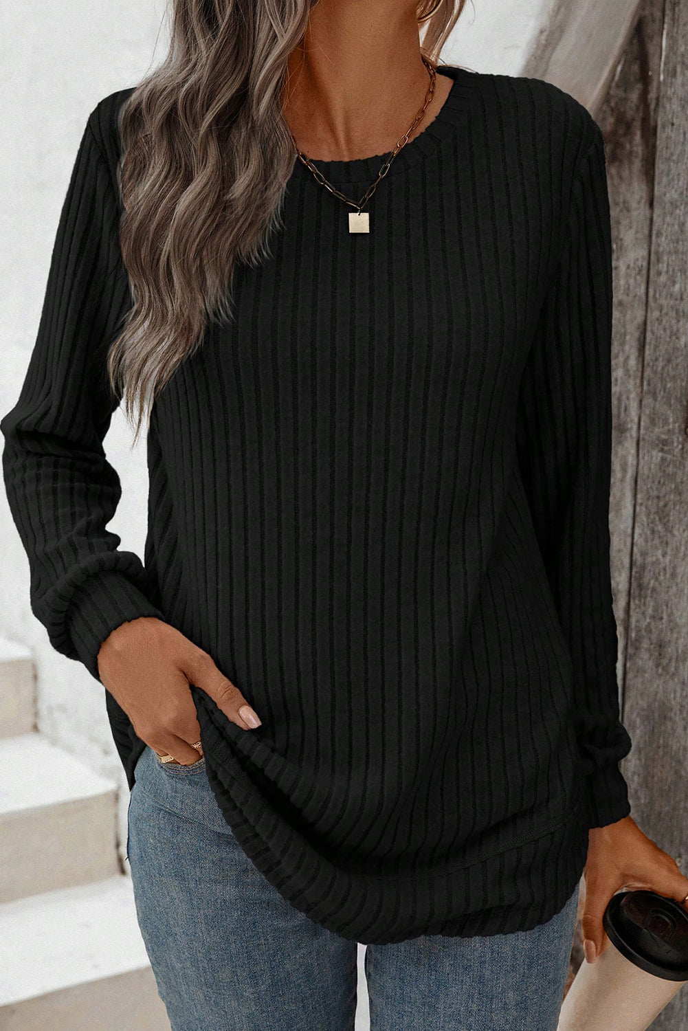 Black Ribbed Texture Round Neck Long Sleeve Rounded Hem Knit Top
