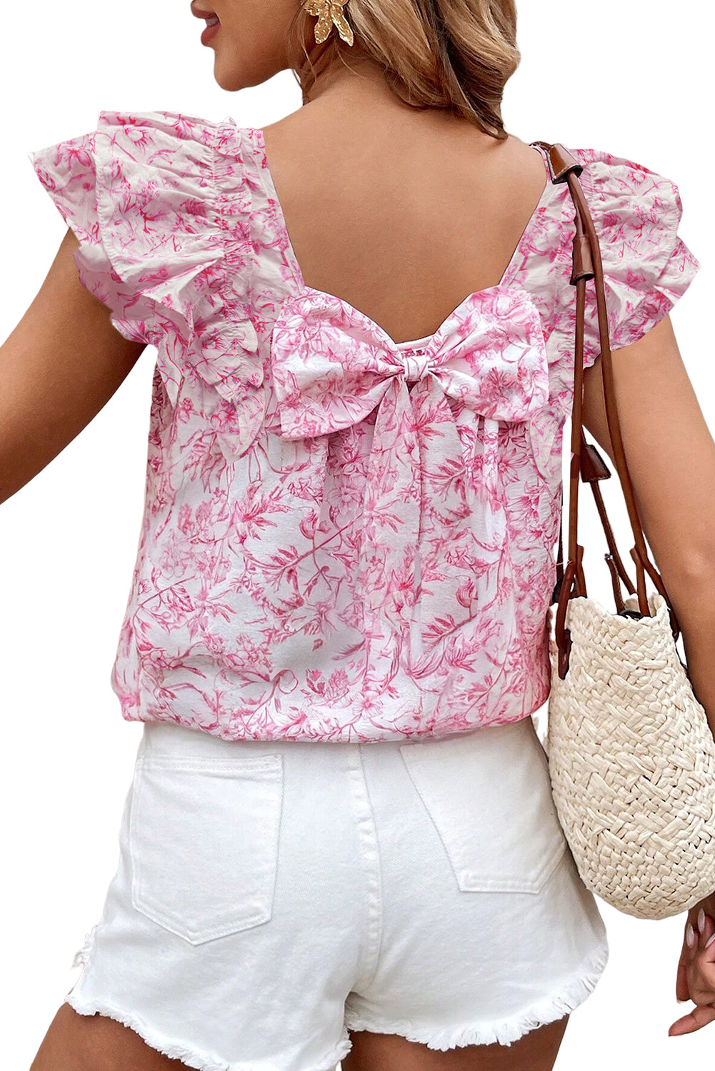Pink Floral Ruffle Short Sleeve Bow Back Blouse