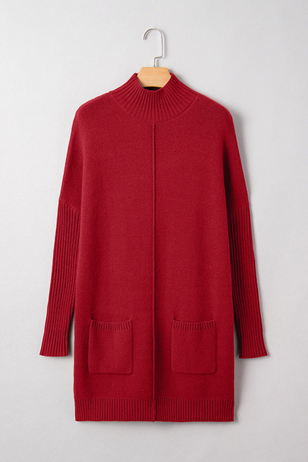 Chestnut Ribbed High Neck Front Pockets Center Seam Shift Sweater Dress