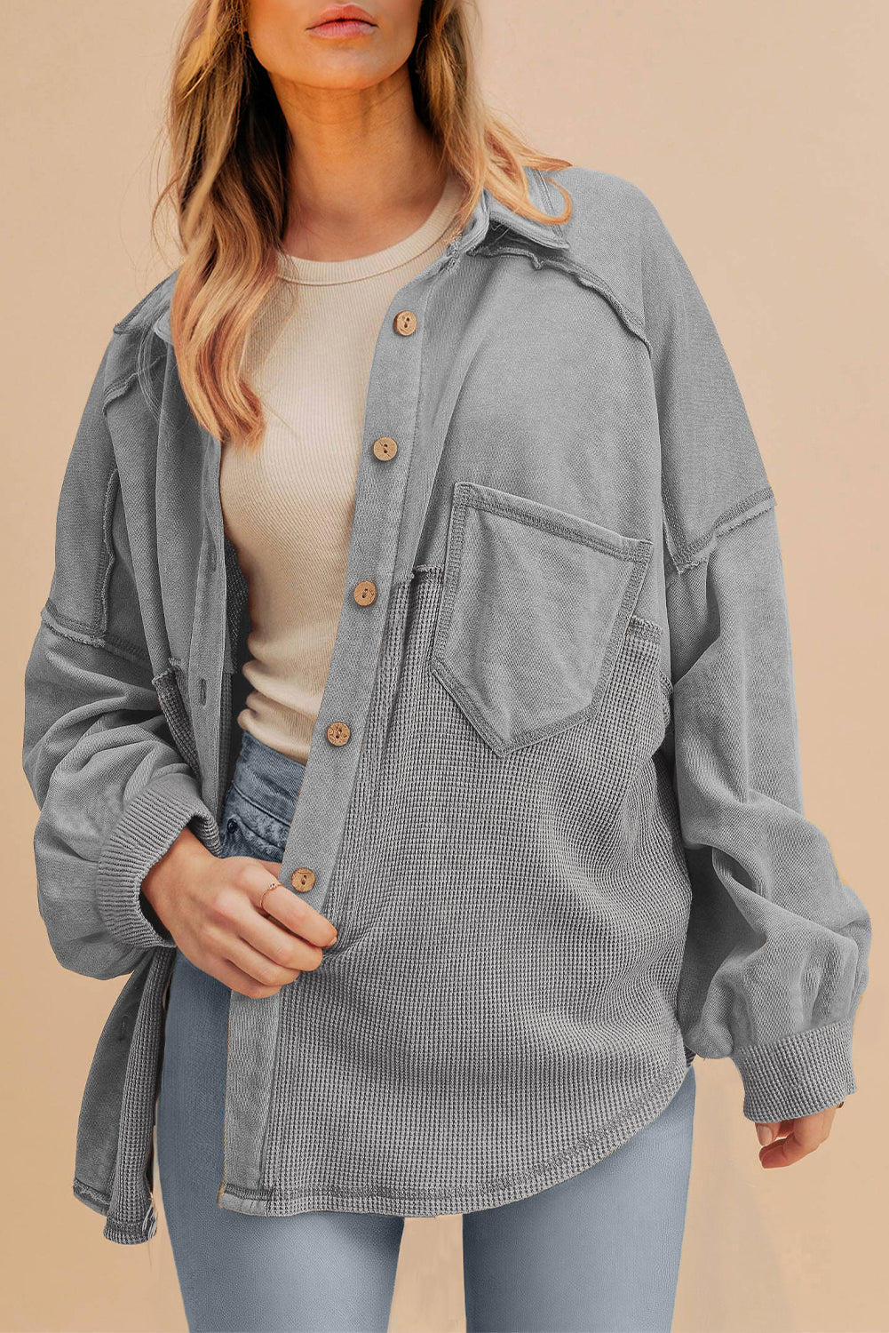 Black Waffle Knit Patchwork Exposed Seam Loose Shacket