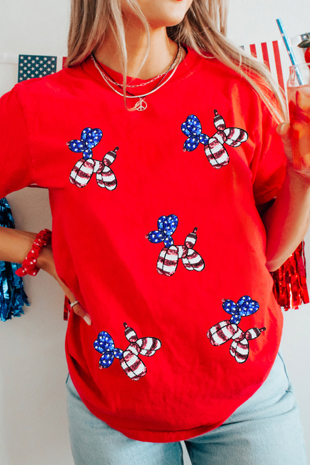 Black Patriotic Sequin Balloon Puppy Graphic Crewneck Tee