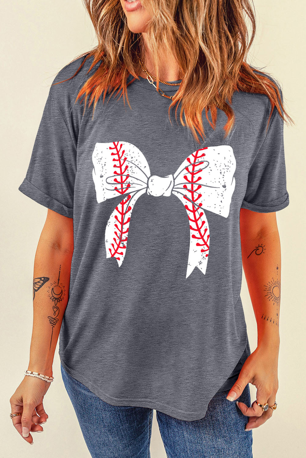 Black Baseball Bowknot Graphic Casual Tee