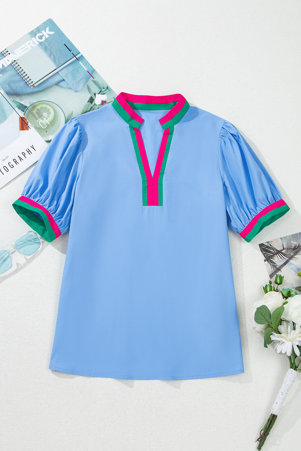Sky Blue Puff Sleeve Pop of Color Neckline Blouse