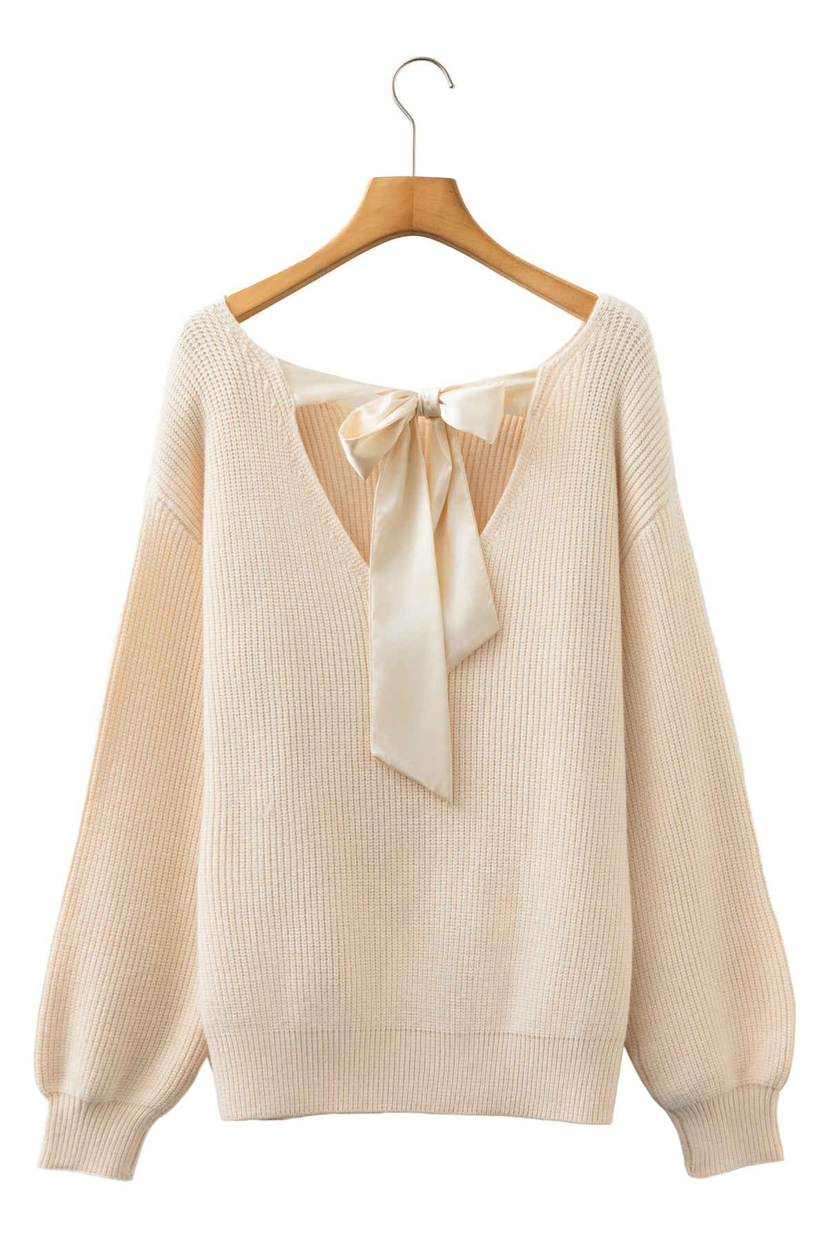 Jet Stream Ribbed Knit Ribbon Knot Backless Drop Shoulder Sweater