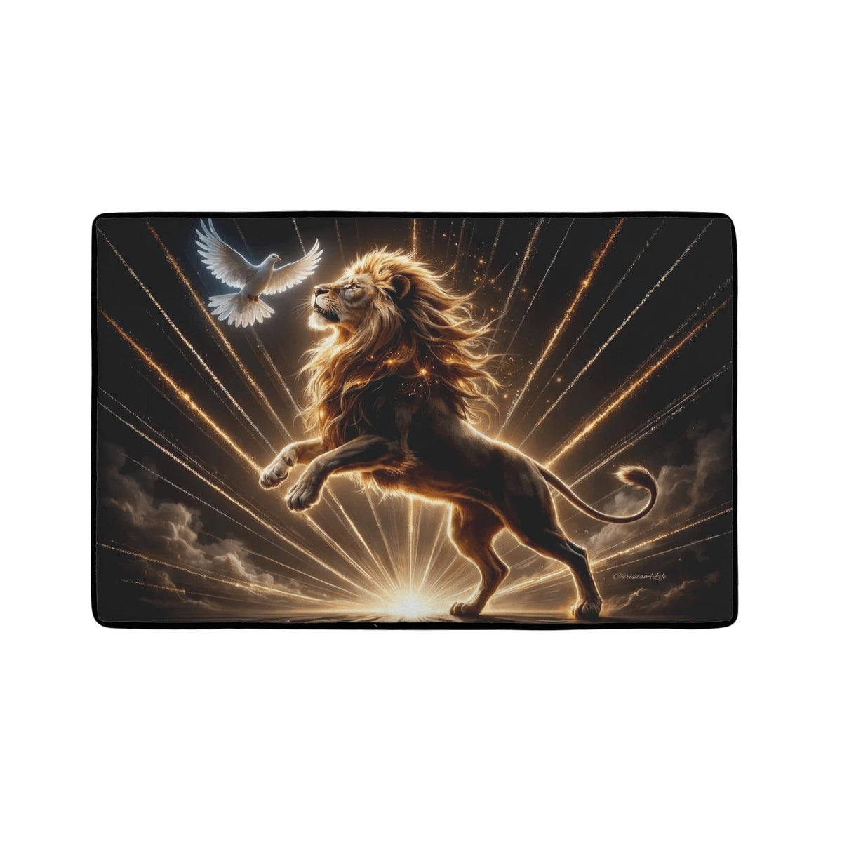 Lion of Judah and the Holy Spirit Area Rug with Golden Rays - Black Binding 31"x20"
