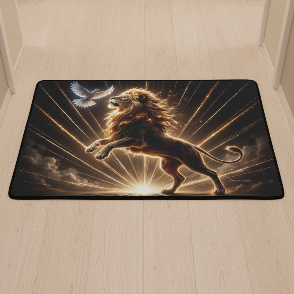 Lion of Judah and the Holy Spirit Area Rug with Golden Rays - Black Binding 31"x20"