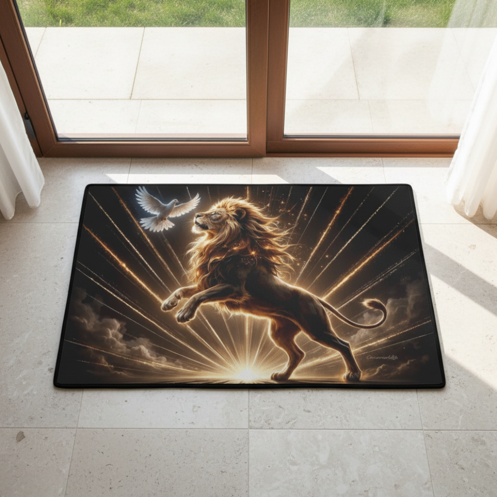 Lion of Judah and the Holy Spirit Area Rug with Golden Rays - Black Binding 31"x20"