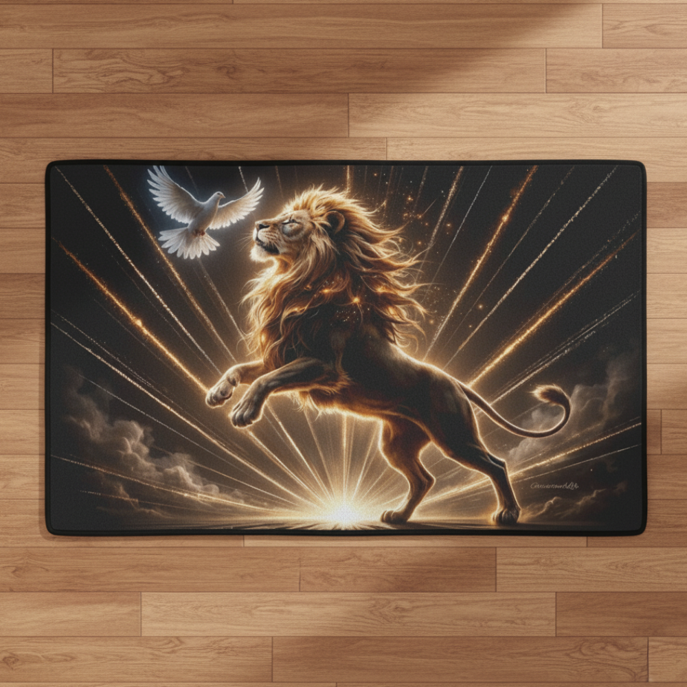 Lion of Judah and the Holy Spirit Area Rug with Golden Rays - Black Binding 31"x20"
