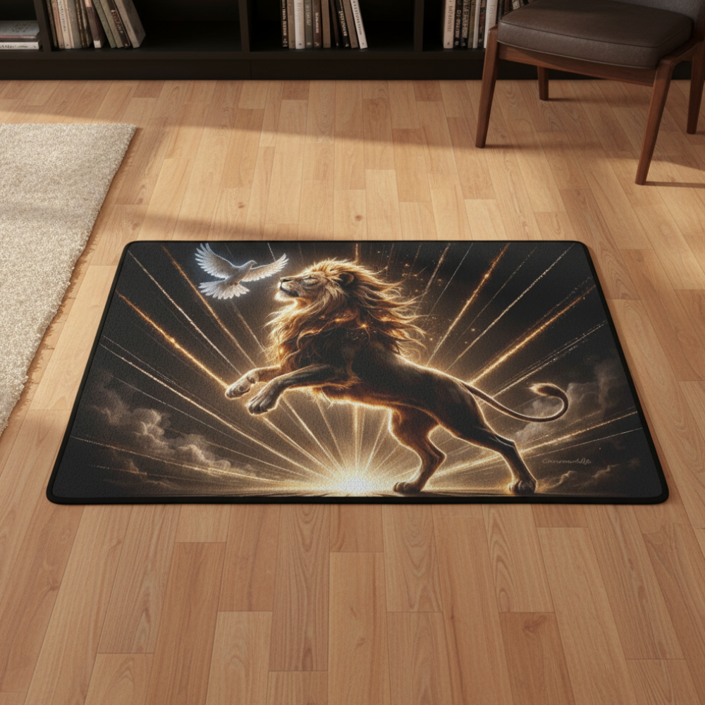 Lion of Judah and the Holy Spirit Area Rug with Golden Rays - Black Binding 31"x20"