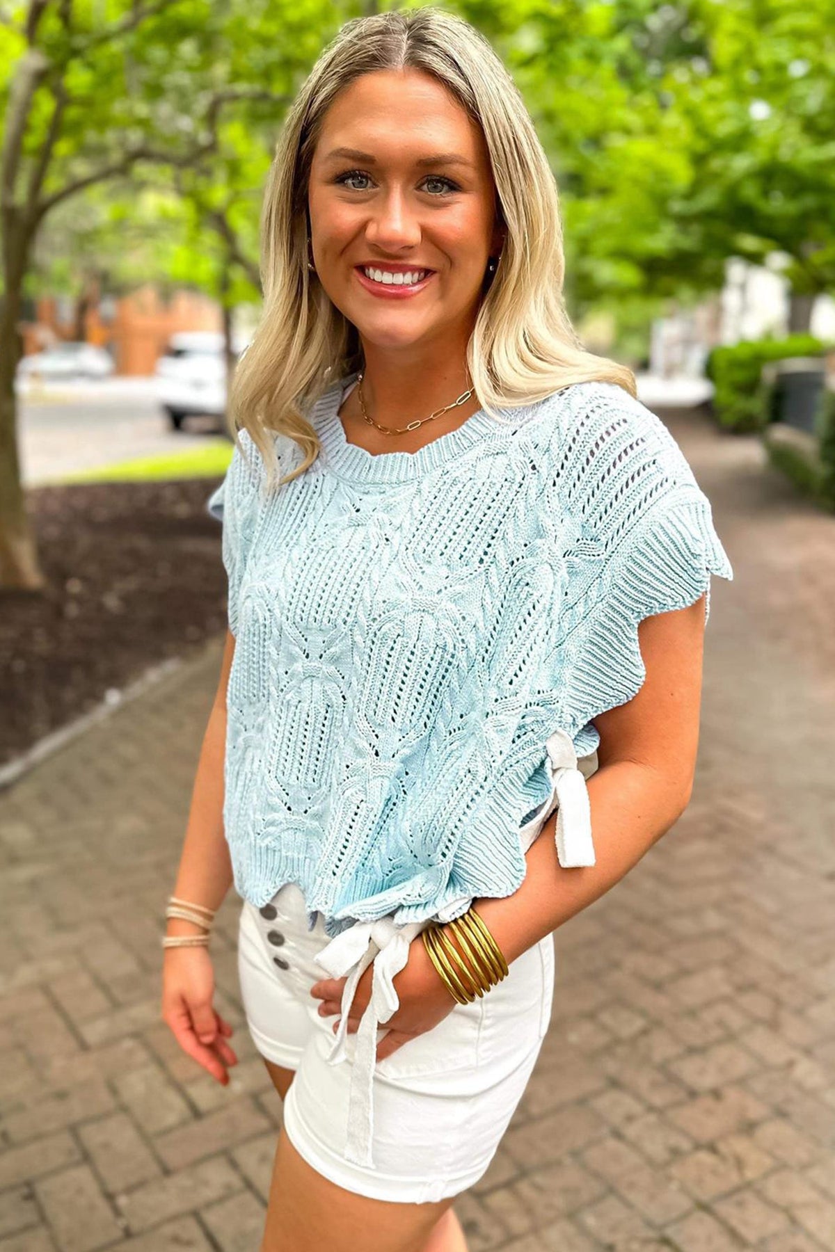 Mint Green Pointelle Knit Patterned Scalloped Trim Short Sleeve Sweater