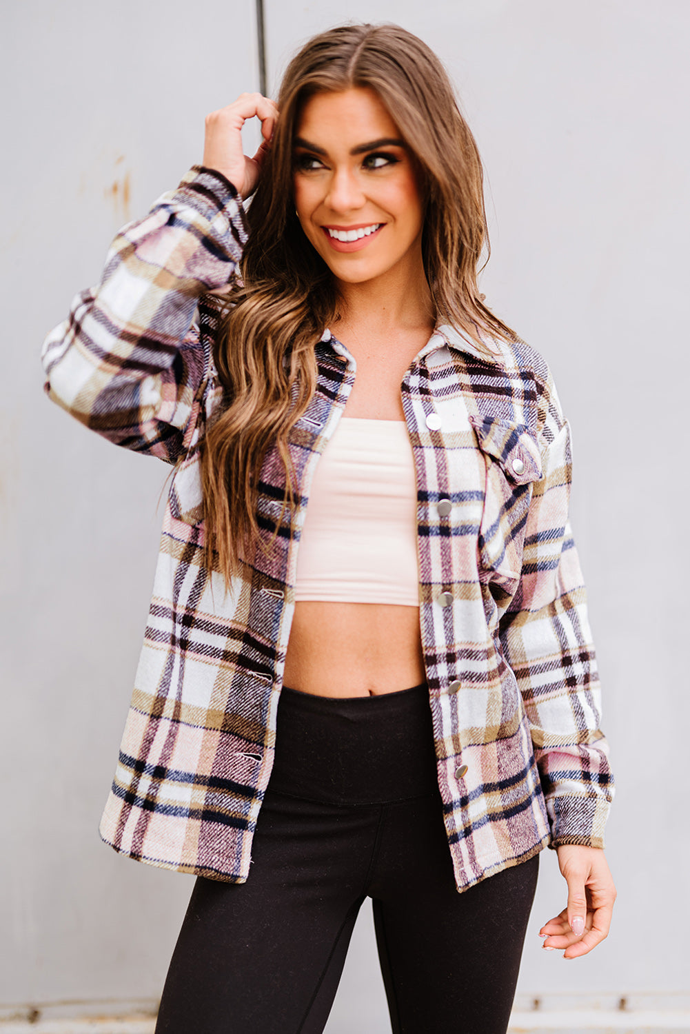 Green Geometric Plaid Print Pocketed Shacket