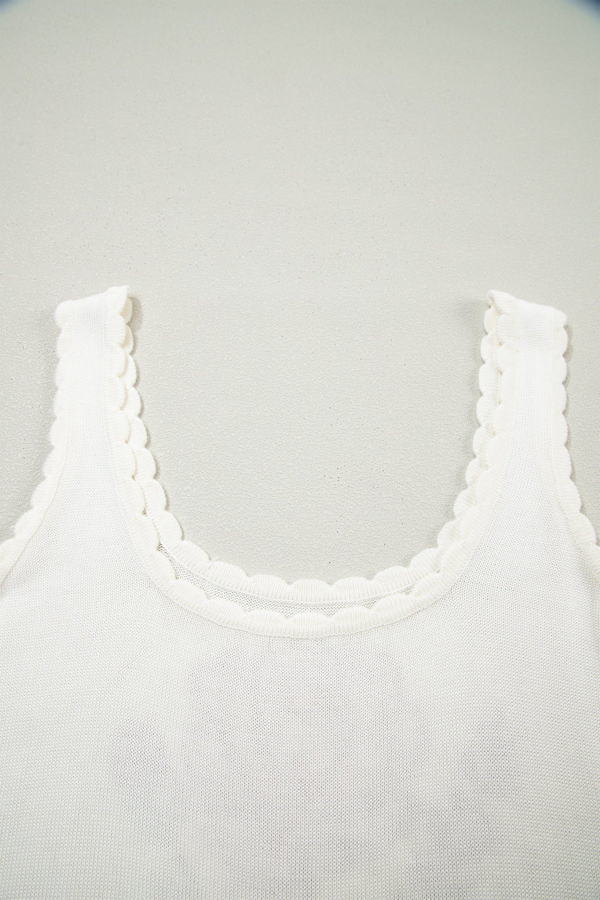 White Retro Floral Print Scalloped Square Neck Knit Sweater Vest