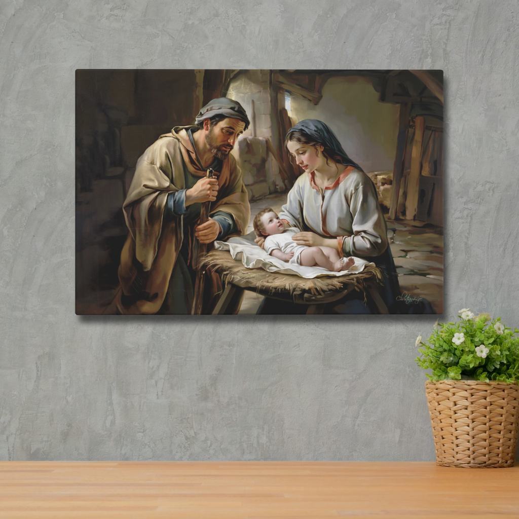The Nativity scene of Baby Jesus, Mary and Joseph in a stable - Christian Art Canvas