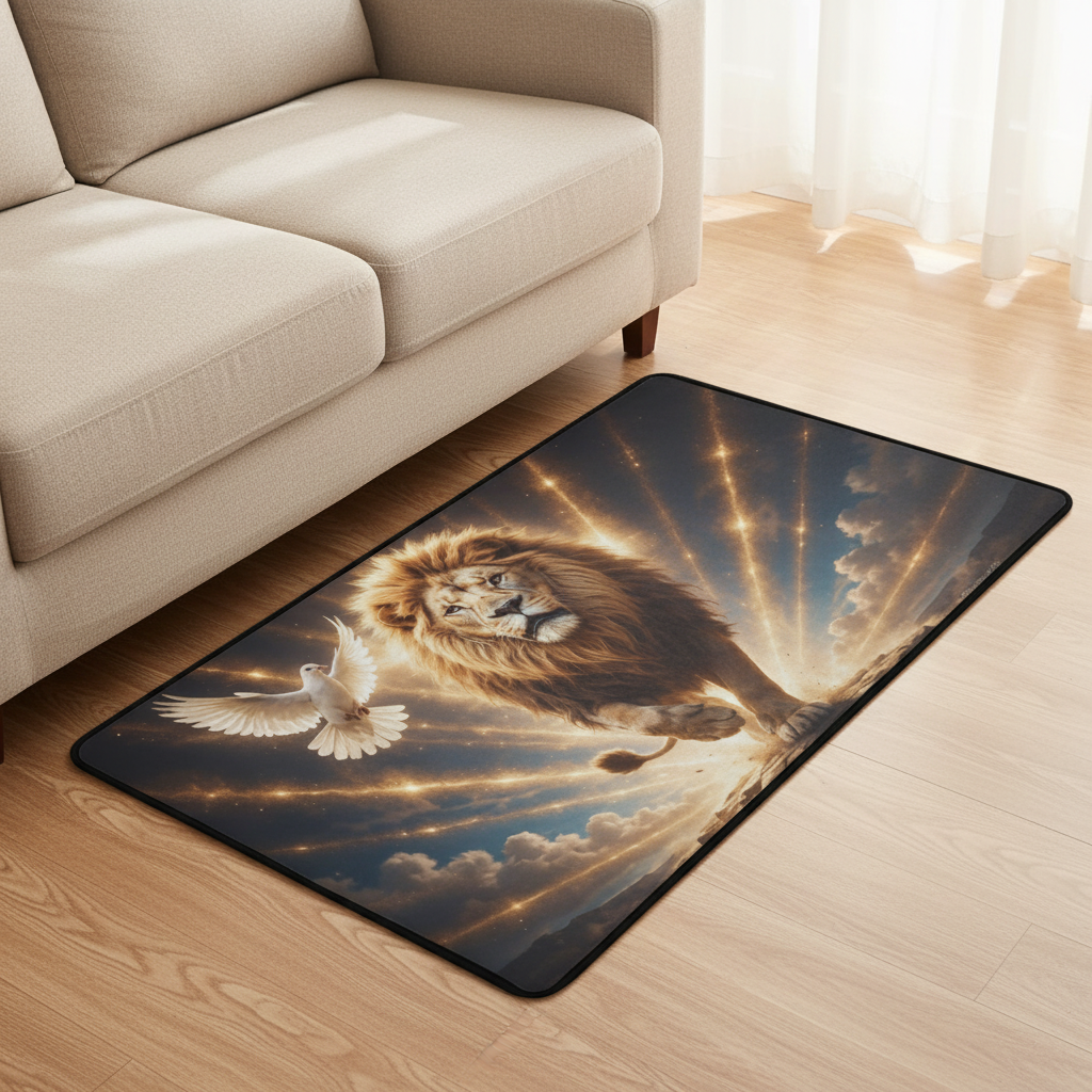 Lion of Judah and the Holy Spirit -Golden Rays and Clouds Small Area Rug with Black Binding (31"x20")