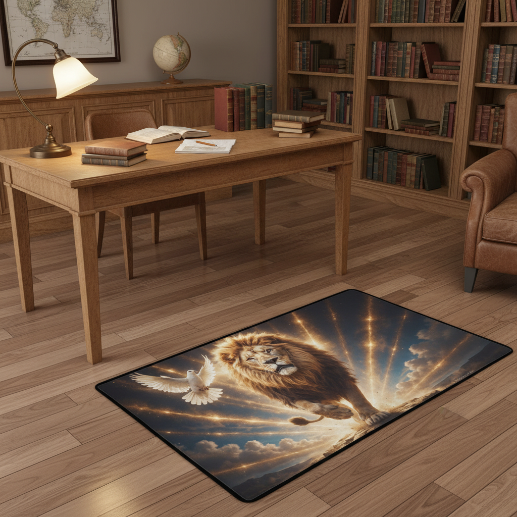 Lion of Judah and the Holy Spirit -Golden Rays and Clouds Small Area Rug with Black Binding (31"x20")