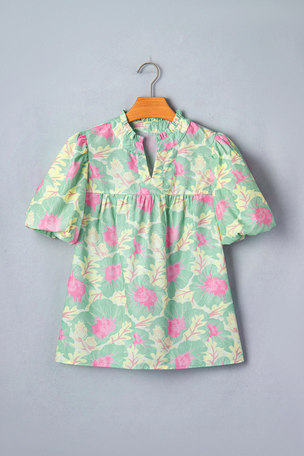 Yellow Short Bubble Sleeve Summer Floral Blouse