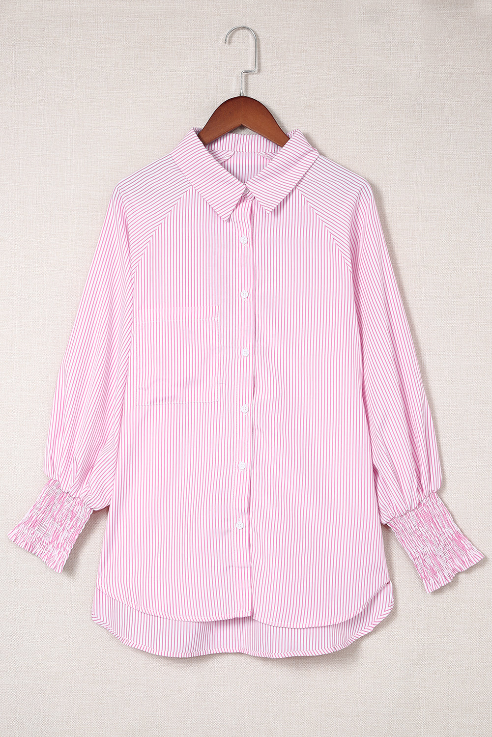 Blue Stripe Striped Casual Shirred Cuffs Shirt