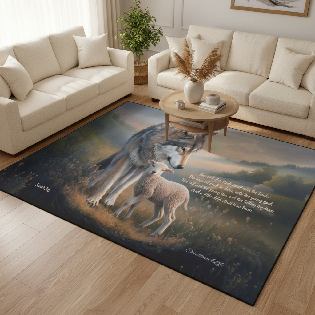 Wolf and Lamb Area Rug — With Isaiah 11:6 Quote - Christian Rug with Black Binding 84" x 60"