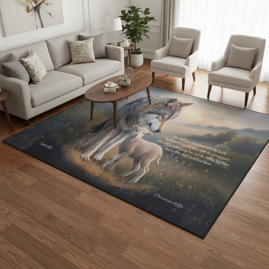Wolf and Lamb Area Rug — With Isaiah 11:6 Quote - Christian Rug with Black Binding 84" x 60"