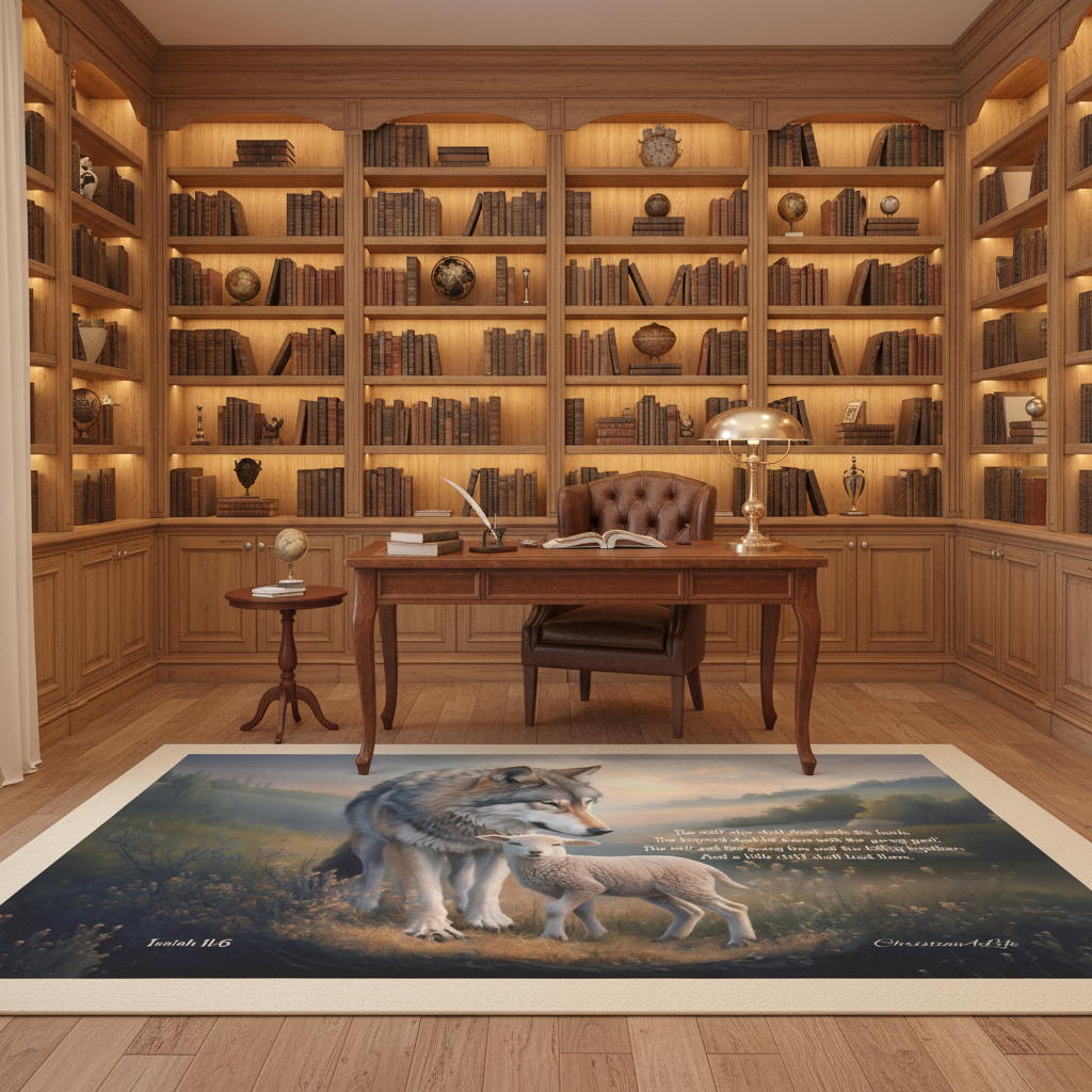 Wolf and Lamb Area Rug — With Isaiah 11:6 Quote - Christian Rug with Black Binding 84" x 60"