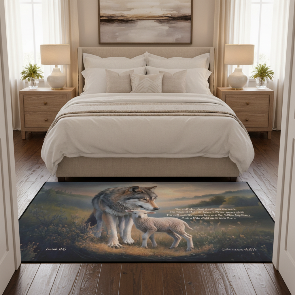 Wolf and Lamb Area Rug — With Isaiah 11:6 Quote - Christian Rug with Black Binding 84" x 60"